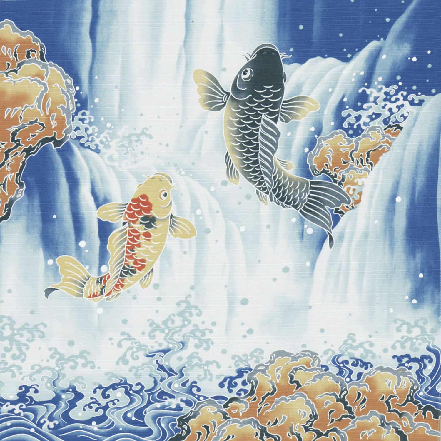 Japanese blue Cotton Fabric, rising koi fish against a waterfall