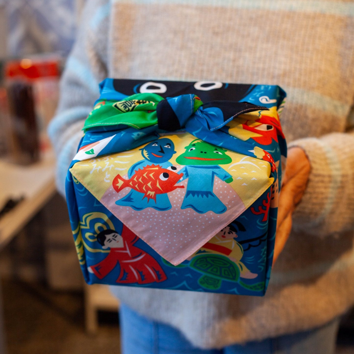 70cm Cochae Musubi Furoshiki | Mukashi Banashi Umi (blue)